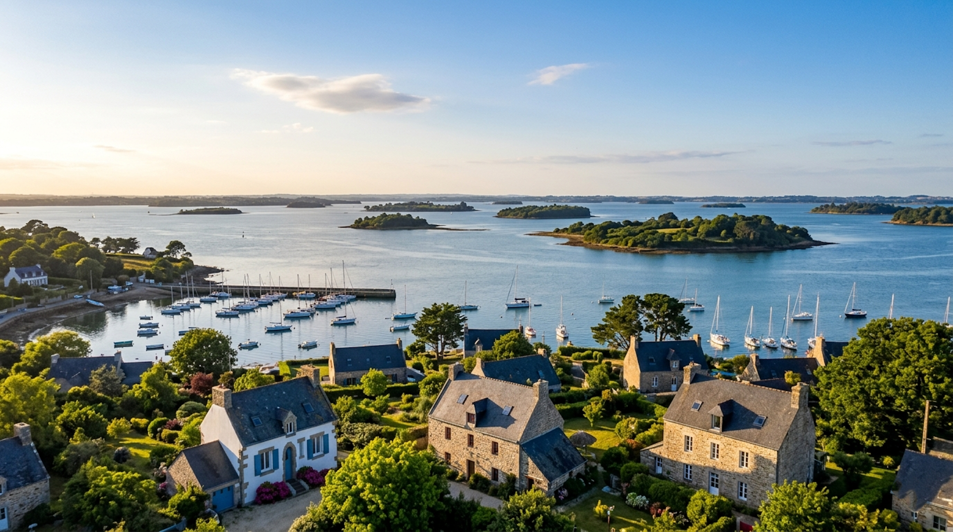 Vue panoramique du Golfe du Morbihan depuis la Pointe d'Arradon au coucher du soleil