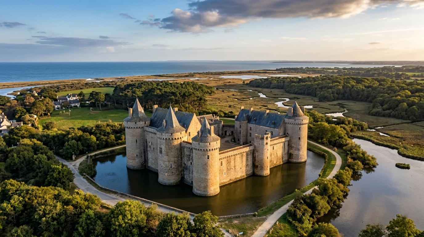 Taxi à Sarzeau - Vue panoramique du Château de Suscinio à Sarzeau avec ses tours médiévales et ses marais en presqu'île de Rhuys