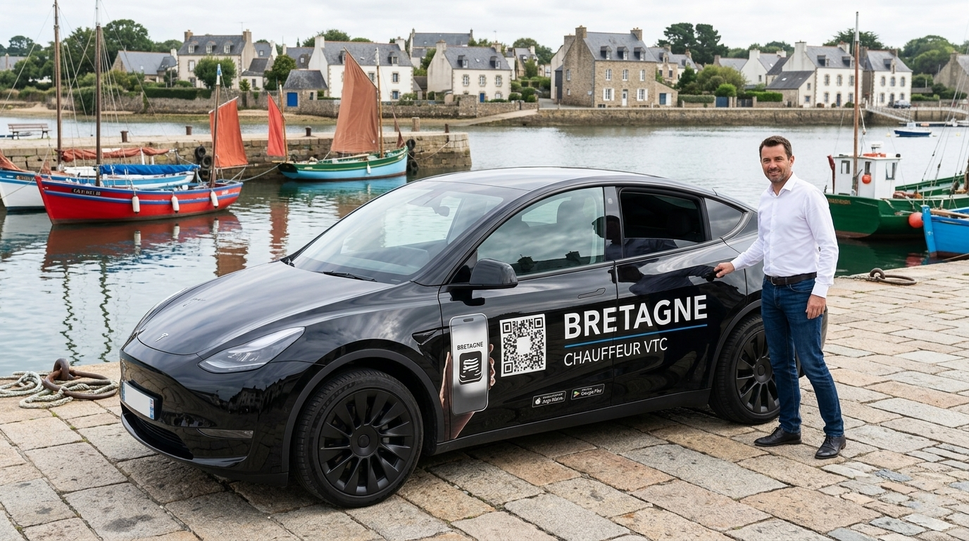 Berline noire haut de gamme stationnée devant le port d'Arradon avec chauffeur professionnel ouvrant la portière