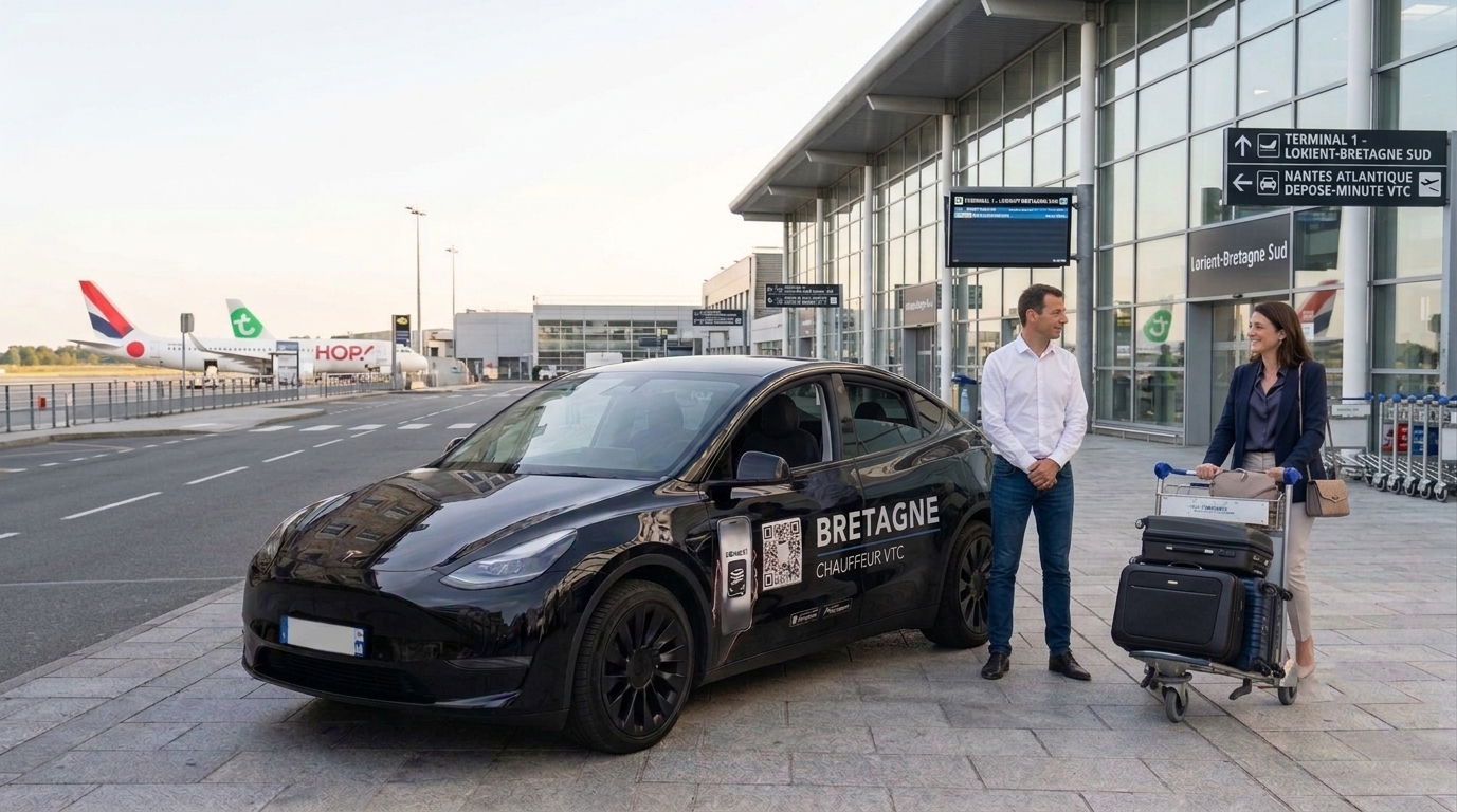 Transfert aéroport en VTC depuis le Morbihan, chauffeur avec bagages devant un terminal