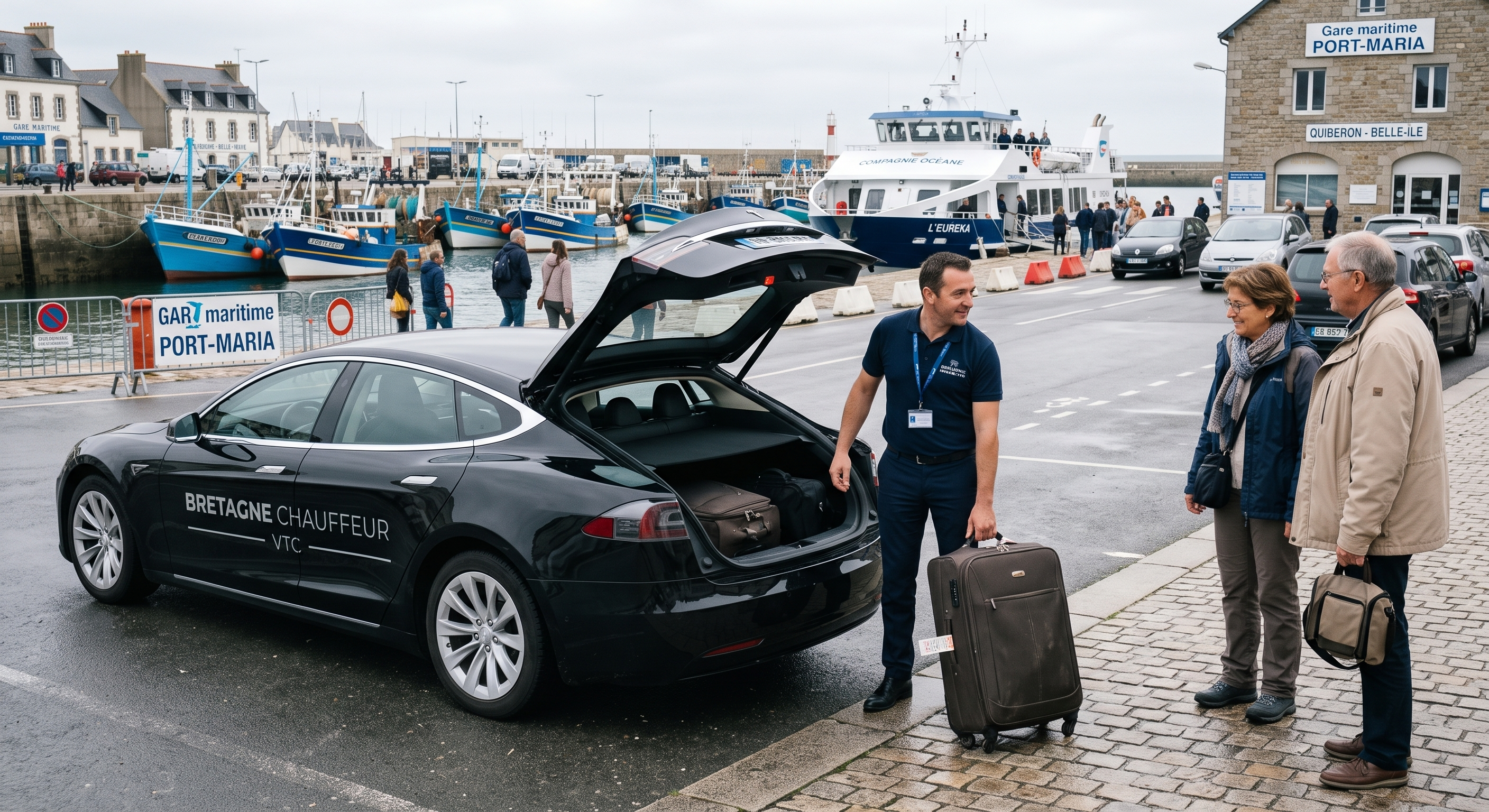 Chauffeur VTC Bretagne Chauffeur déposant un passager à l'embarcadère de Port-Maria à Quiberon
